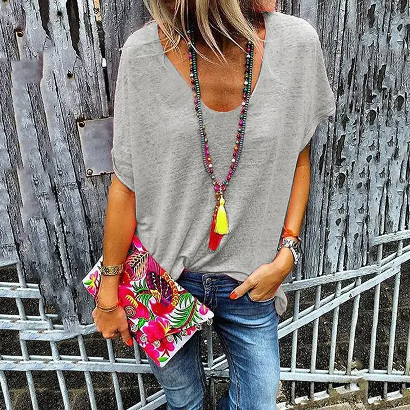 Women V Neck Short Sleeve T-Shirt Candy Color - Image 9