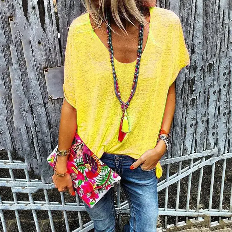 Women V Neck Short Sleeve T-Shirt Candy Color - Image 10