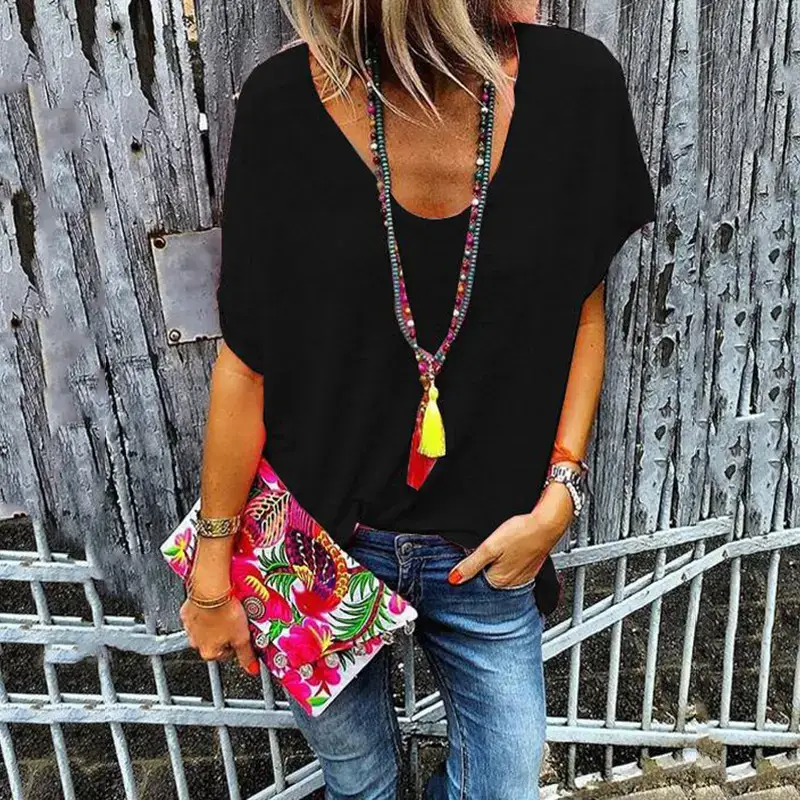 Women V Neck Short Sleeve T-Shirt Candy Color - Image 11
