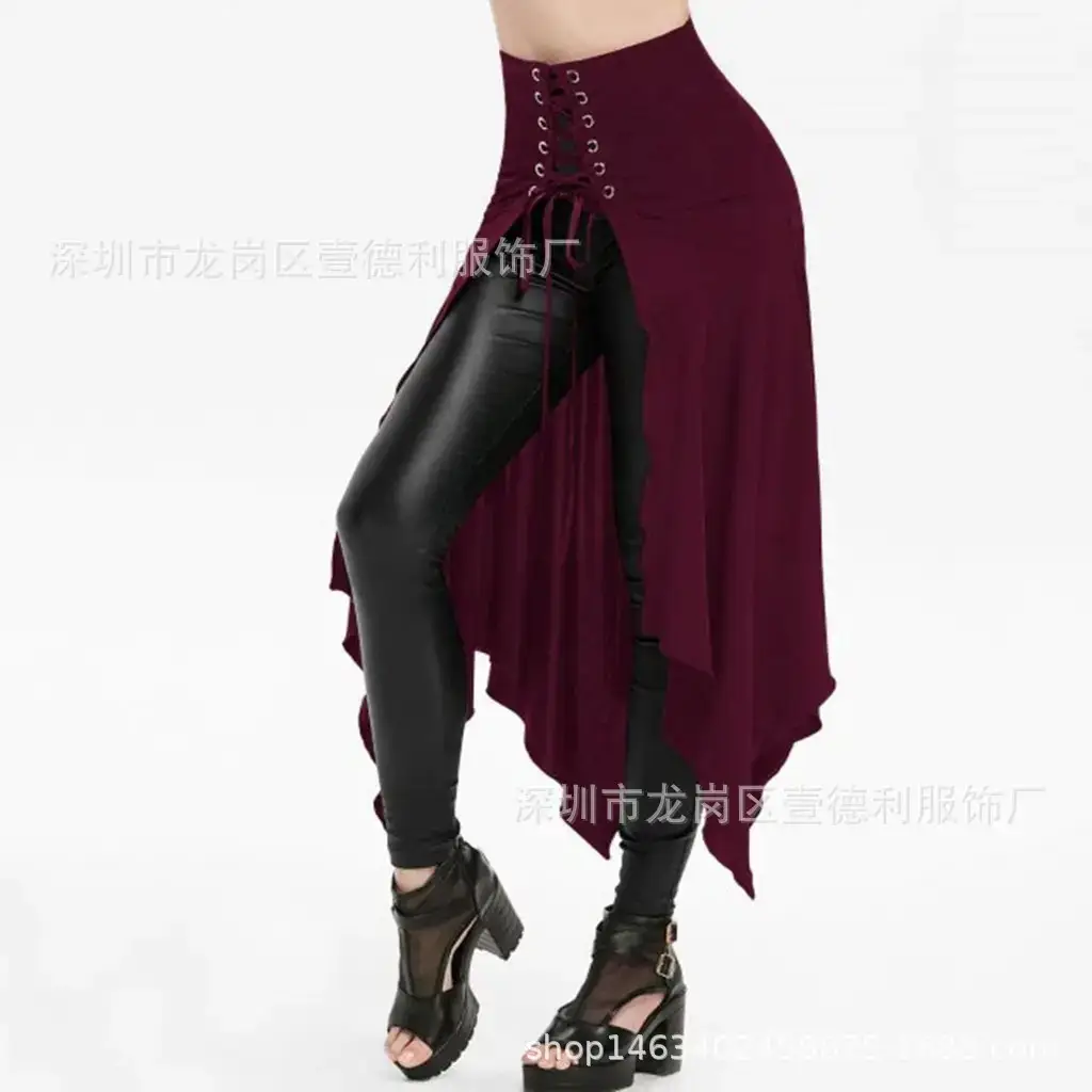 Maroon Asymmetrical Skirt with Lace Up Top & Black Pants