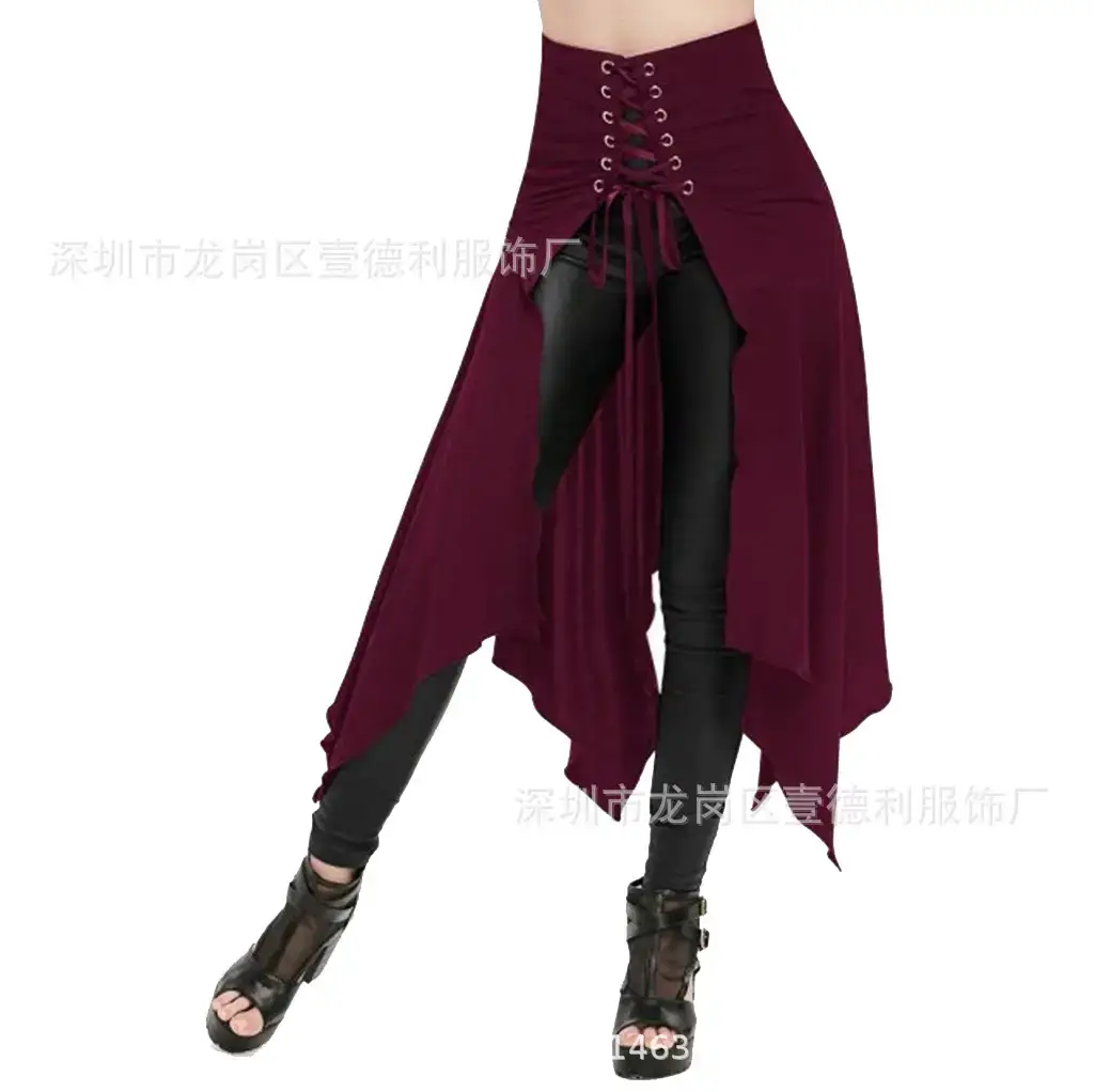Maroon Asymmetrical Skirt with Lace Up Top & Black Pants