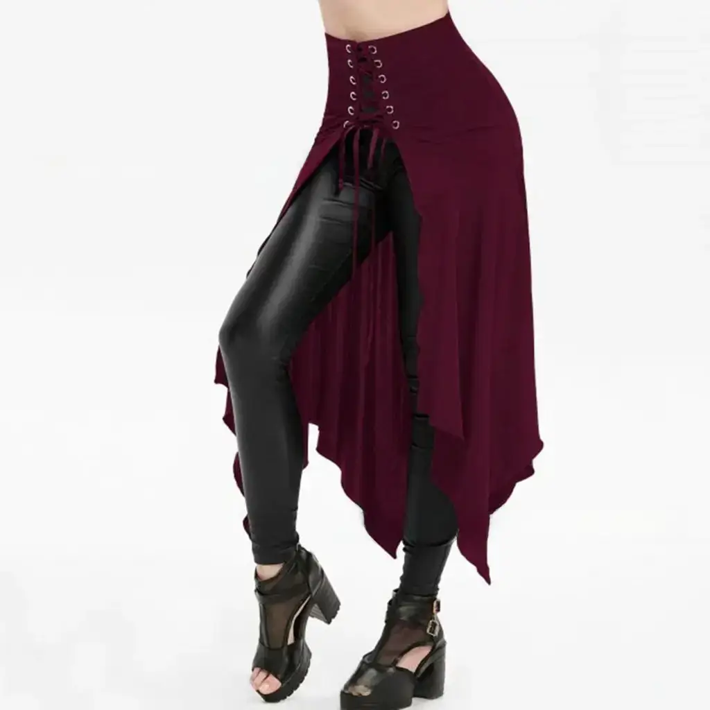 Maroon Asymmetrical Skirt with Lace Up Top & Black Pants