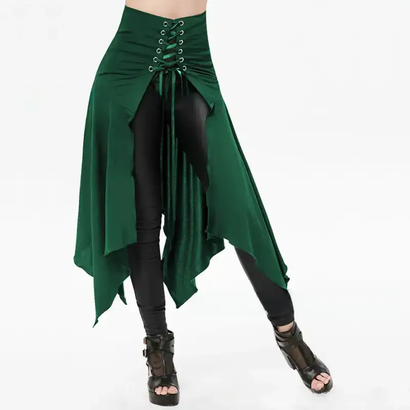 Maroon Asymmetrical Skirt with Lace Up Top & Black Pants