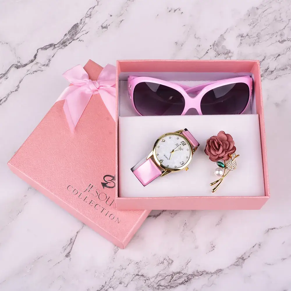 Women's Rose Gold Quartz Watch with Black Strap & Sunglasses Set - Image 4