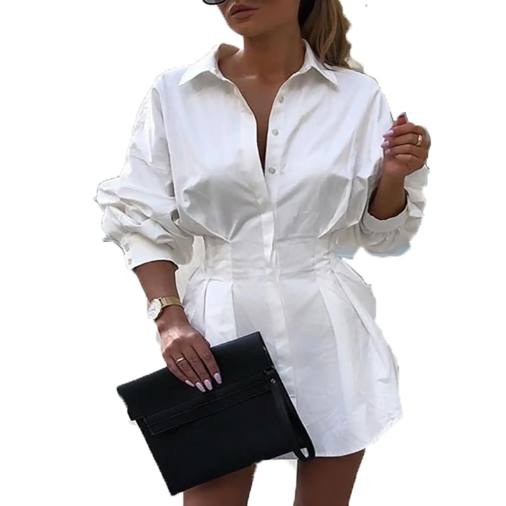 White Long Sleeve Lapel Shirt with Pleated Tunic Design - Image 6