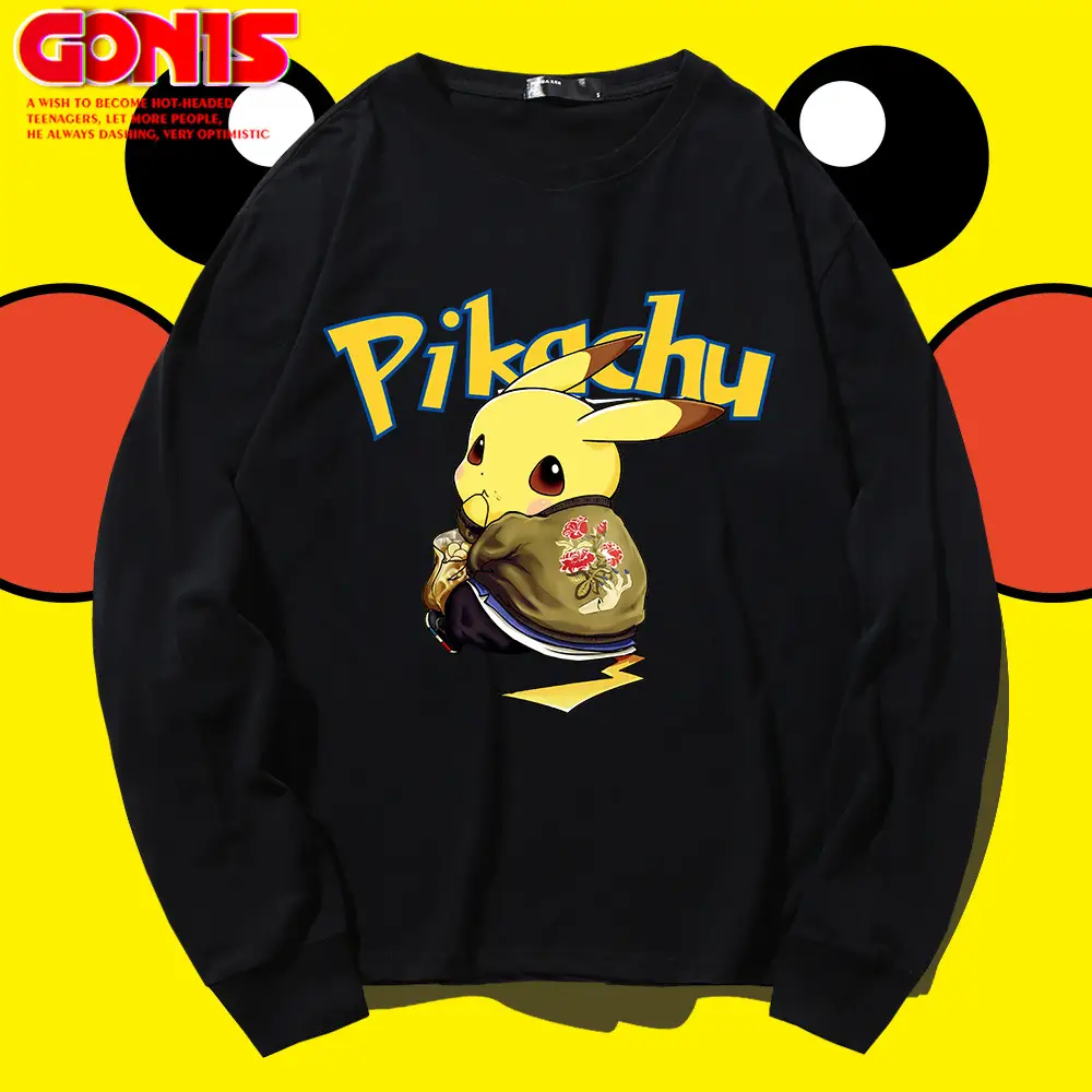 Men Cotton Pikachu Sweatshirt Black Long Sleeve - Image 10