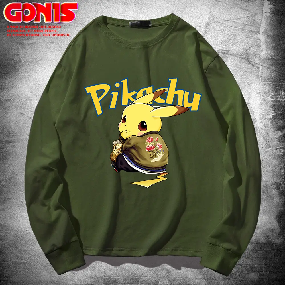 Men Cotton Pikachu Sweatshirt Black Long Sleeve - Image 6