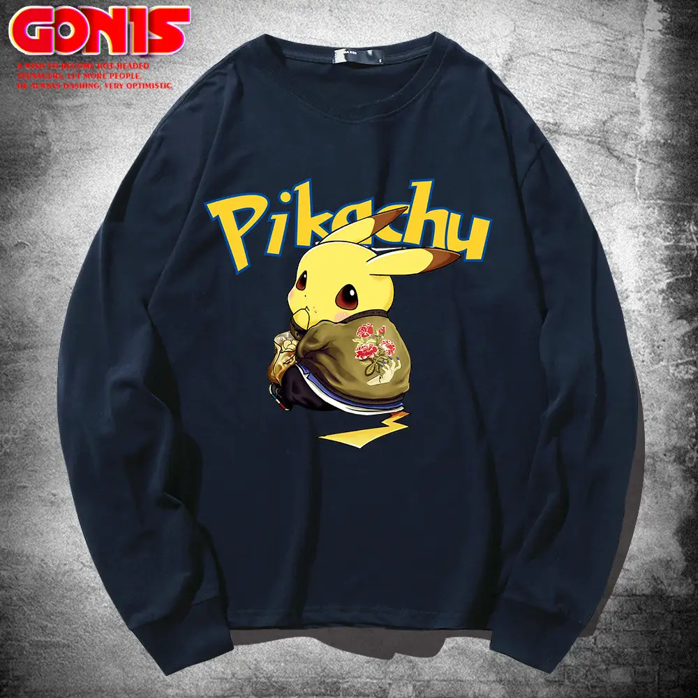 Men Cotton Pikachu Sweatshirt Black Long Sleeve - Image 9