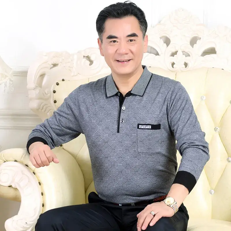 Middle-aged Knitted Long Sleeve T-Shirt with Pocket - Image 2