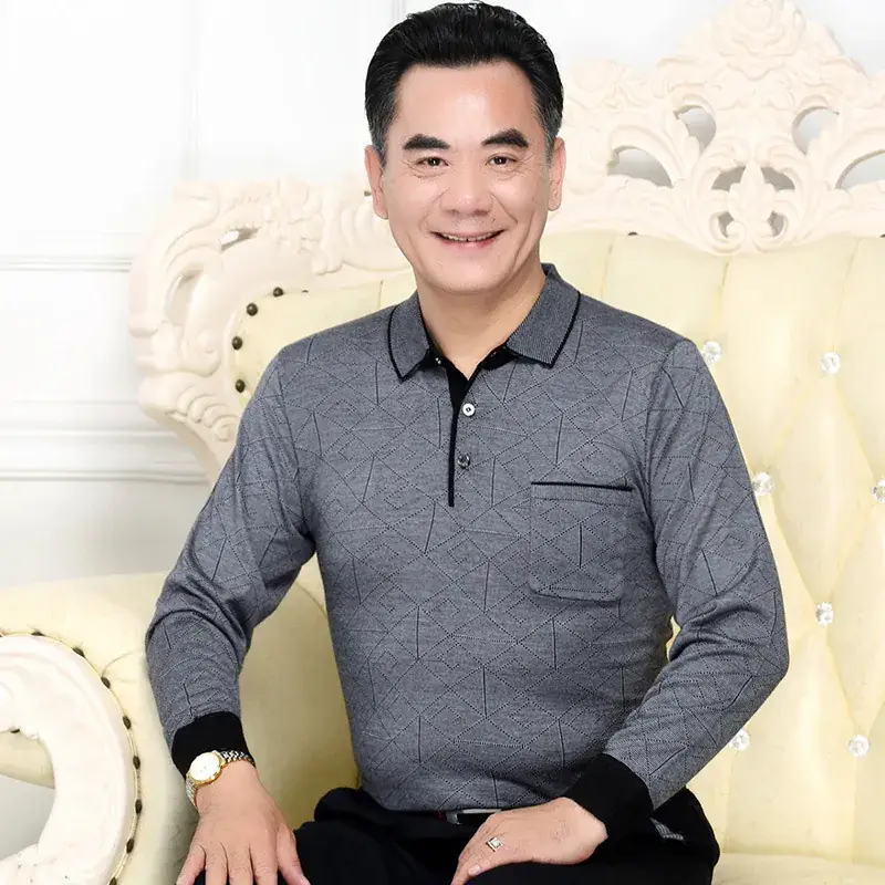 Middle-aged Knitted Long Sleeve T-Shirt with Pocket - Image 8