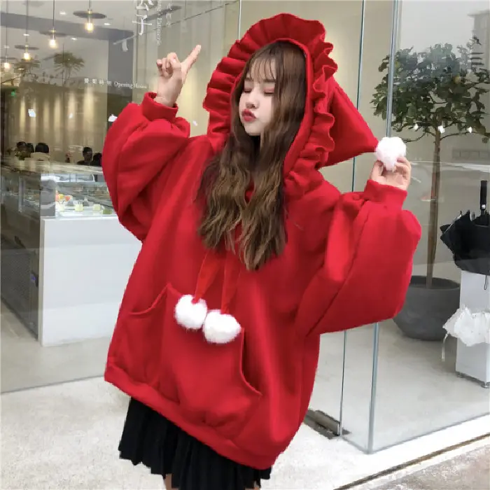 Red Velvet Hooded Sweater with Fur Ball Decor