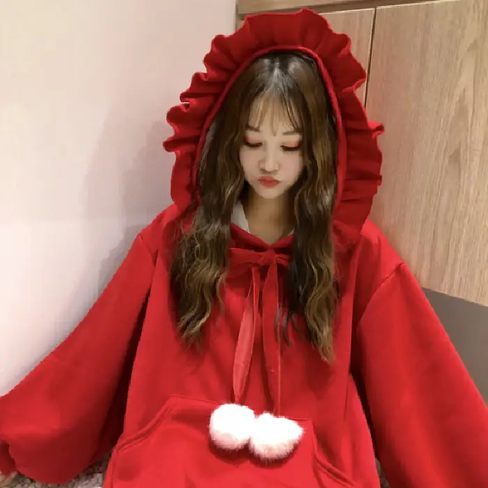 Red Velvet Hooded Sweater with Fur Ball Decor