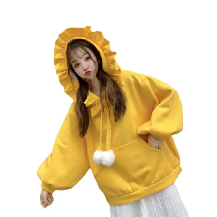 Red Velvet Hooded Sweater with Fur Ball Decor