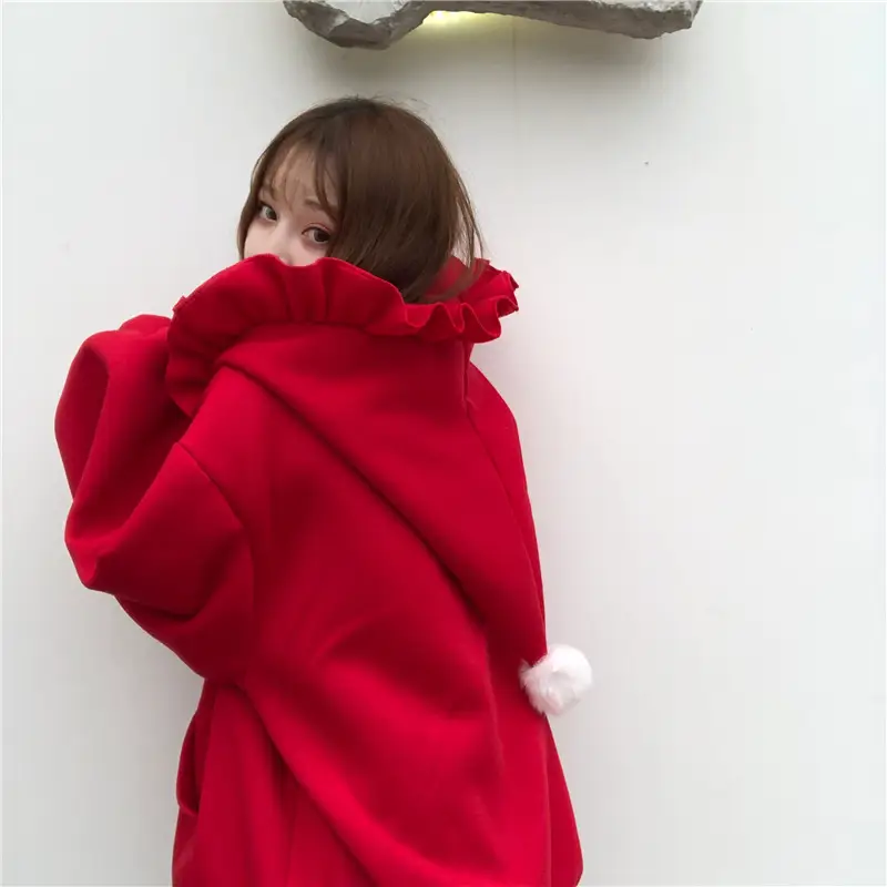 Red Velvet Hooded Sweater with Fur Ball Decor — feature 10