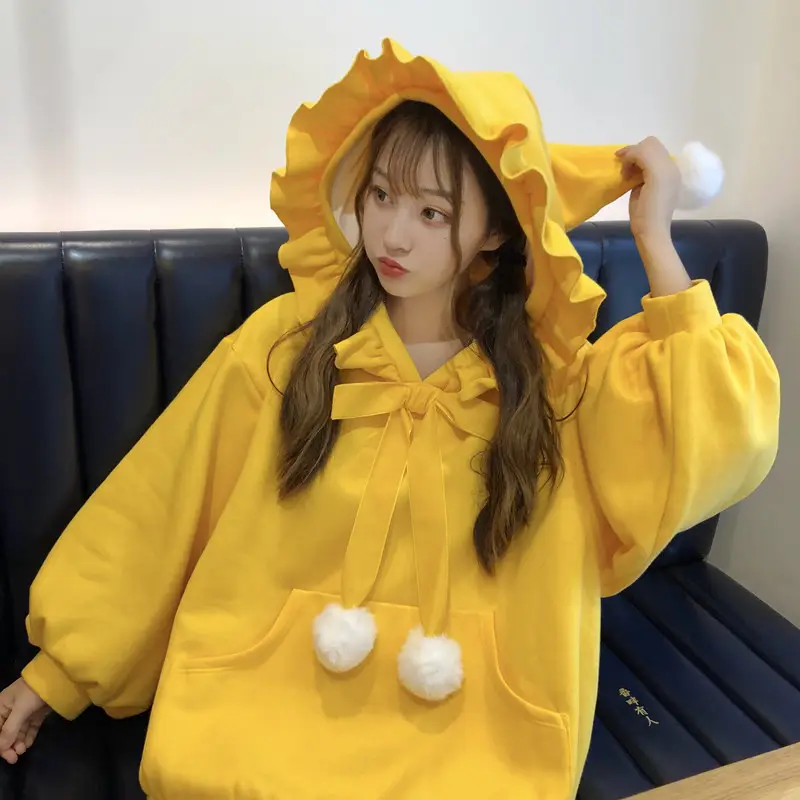 Red Velvet Hooded Sweater with Fur Ball Decor — feature 11