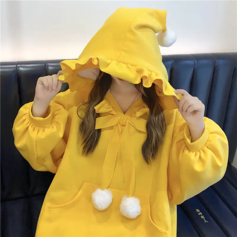 Red Velvet Hooded Sweater with Fur Ball Decor — feature 12