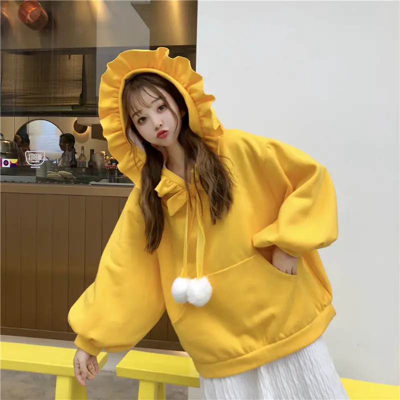 Red Velvet Hooded Sweater with Fur Ball Decor — feature 14