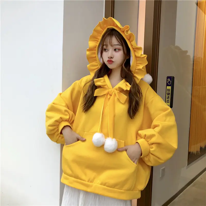 Red Velvet Hooded Sweater with Fur Ball Decor — feature 15