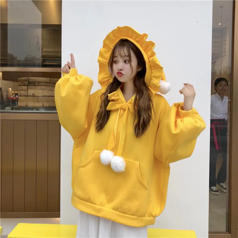 Red Velvet Hooded Sweater with Fur Ball Decor — feature 16