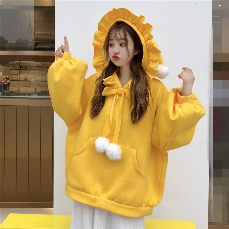 Red Velvet Hooded Sweater with Fur Ball Decor — feature 17