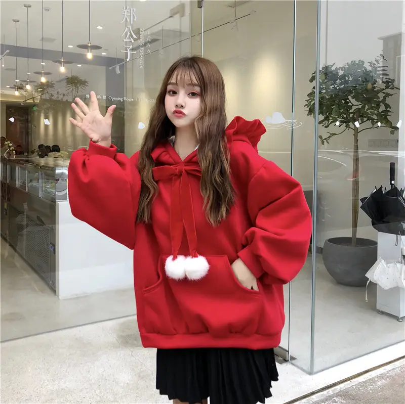 Red Velvet Hooded Sweater with Fur Ball Decor — feature 2