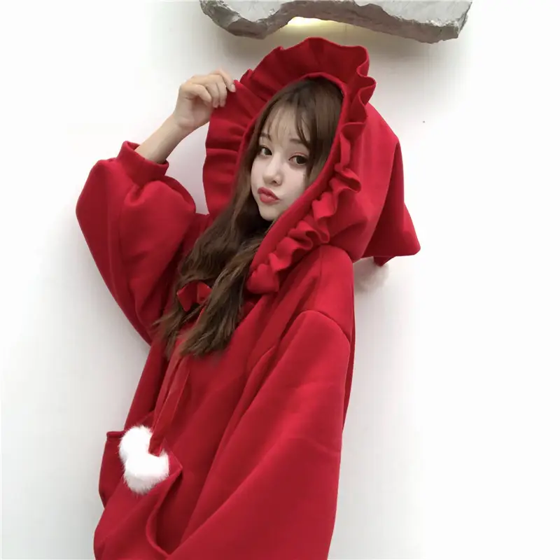 Red Velvet Hooded Sweater with Fur Ball Decor — feature 3