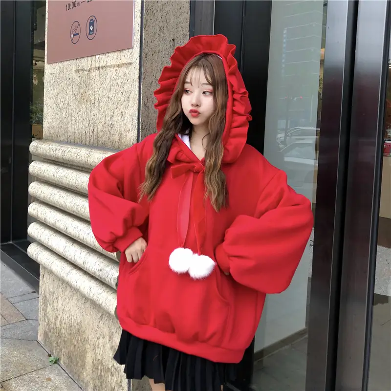 Red Velvet Hooded Sweater with Fur Ball Decor — feature 4