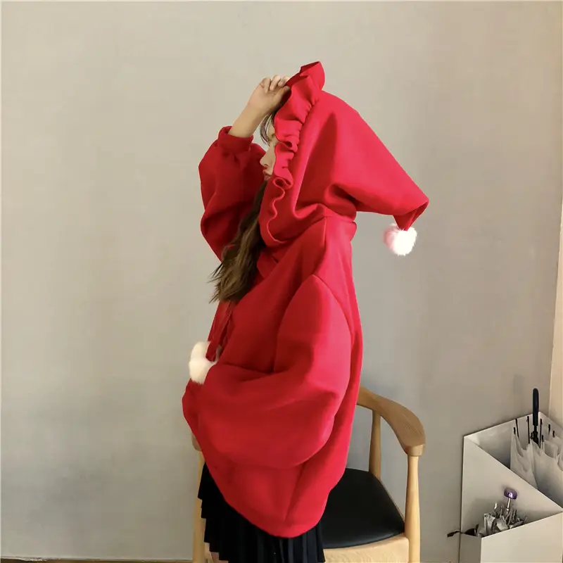 Red Velvet Hooded Sweater with Fur Ball Decor — feature 6