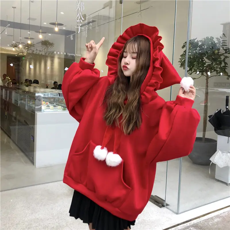 Red Velvet Hooded Sweater with Fur Ball Decor — feature 7