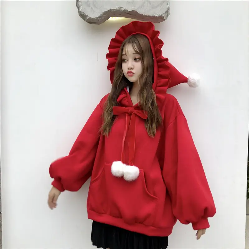 Red Velvet Hooded Sweater with Fur Ball Decor — feature 8