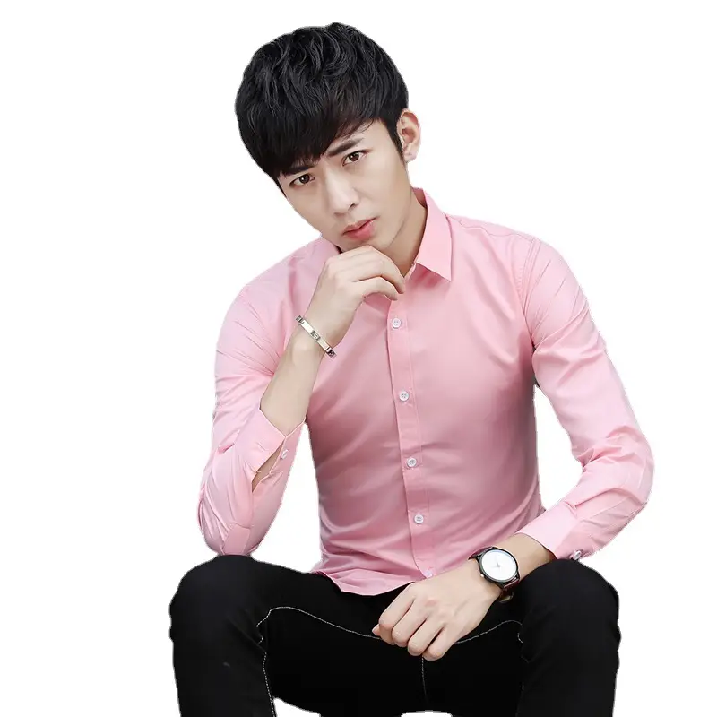 Youth Korean Slim Fit Pink Button Down Shirt - Image 11