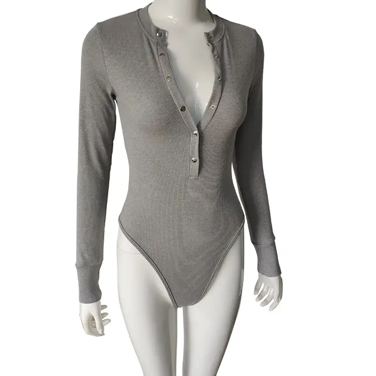 Long Sleeve Ribbed Jumpsuit Beige Eyelet Front
