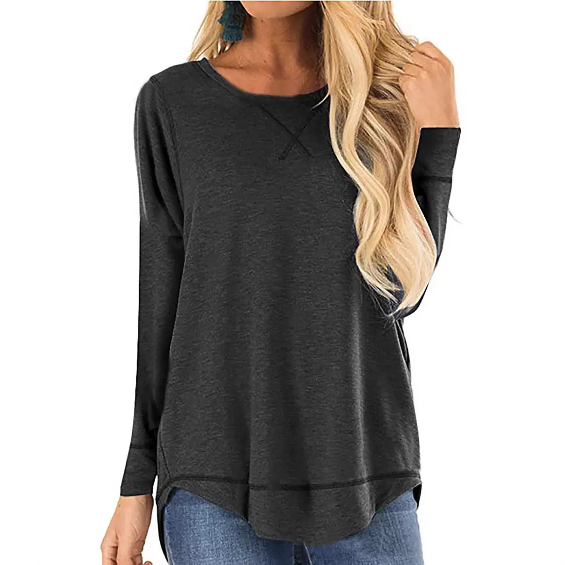 Women 2025 Black Long Sleeve T-Shirt Loose Fit Cotton - Image 7