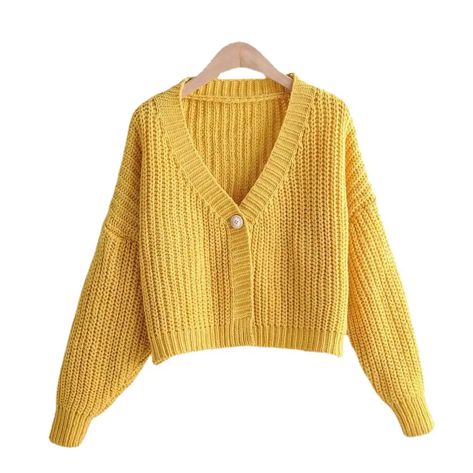 Women's Yellow Knitted V-Neck Cardigan Sweater