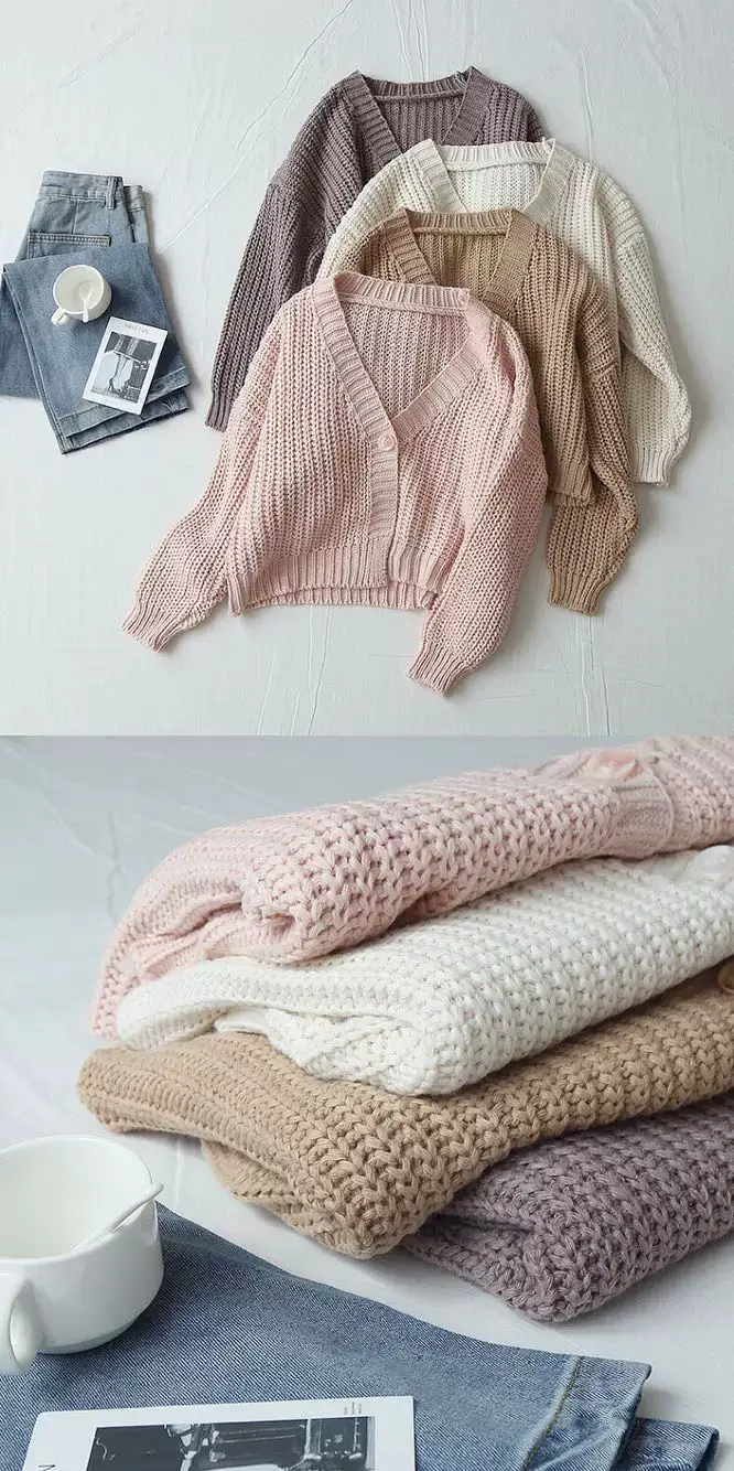 Women's Yellow Knitted V-Neck Cardigan Sweater — feature 12