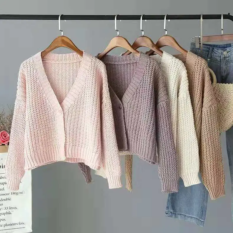 Women's Yellow Knitted V-Neck Cardigan Sweater