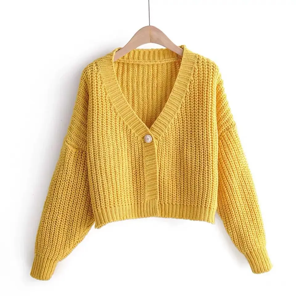 Women's Yellow Knitted V-Neck Cardigan Sweater