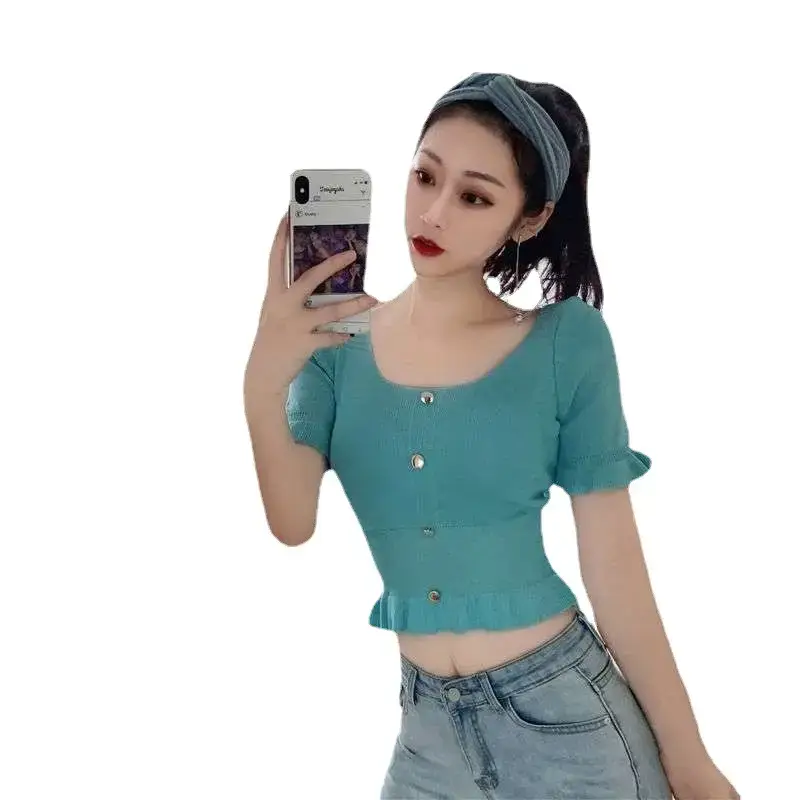 Women Pink Short Sleeve Knitted Top with French Hem - Image 10
