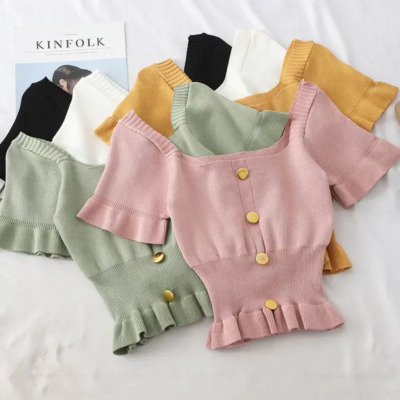 Women Pink Short Sleeve Knitted Top with French Hem — feature 1
