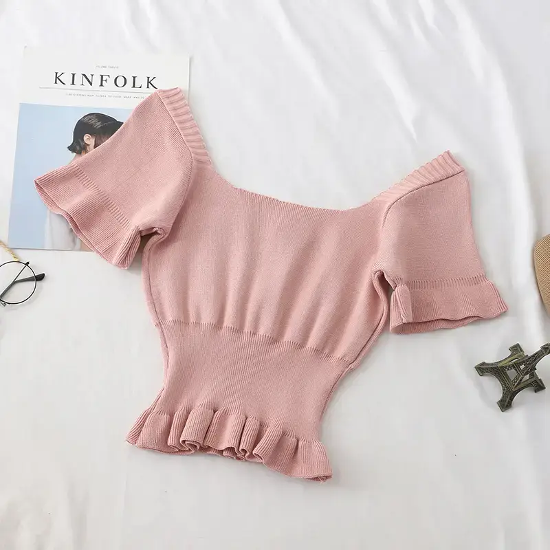 Women Pink Short Sleeve Knitted Top with French Hem — feature 2