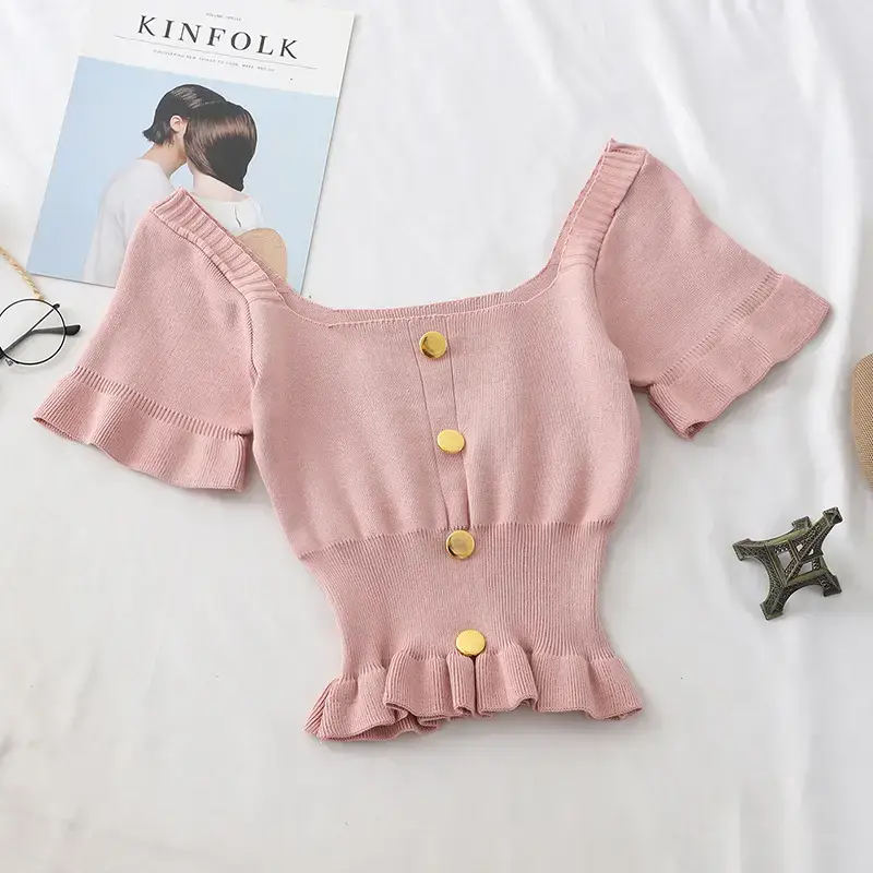 Women Pink Short Sleeve Knitted Top with French Hem — feature 3