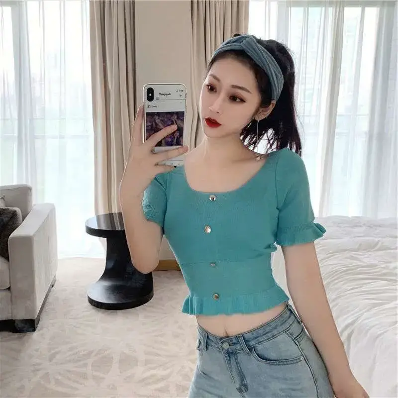 Women Pink Short Sleeve Knitted Top with French Hem - Image 5