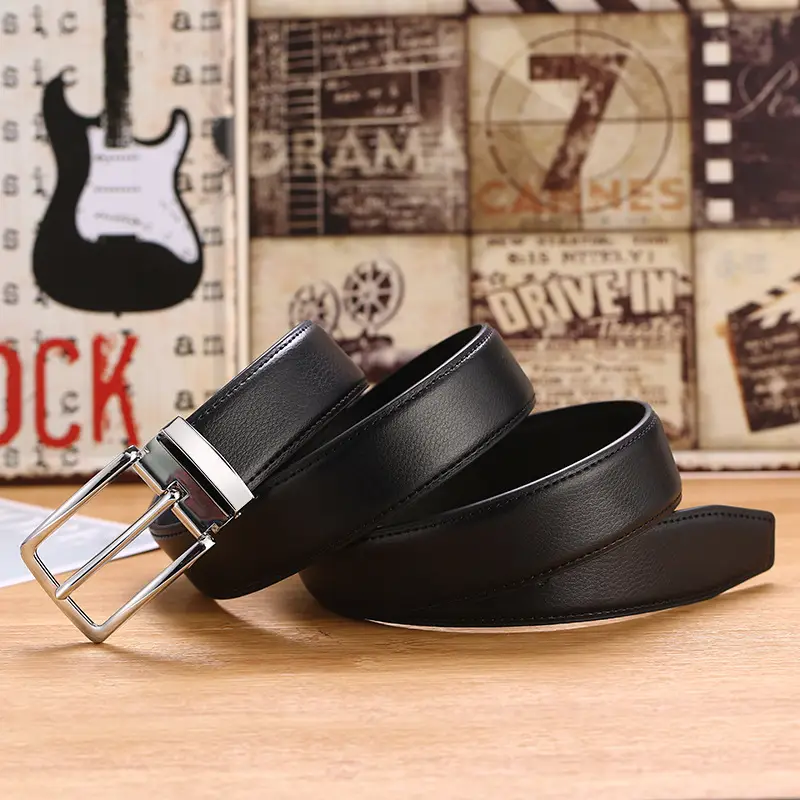 Black Leather Belt with Pin Buckle for Men - Image 6