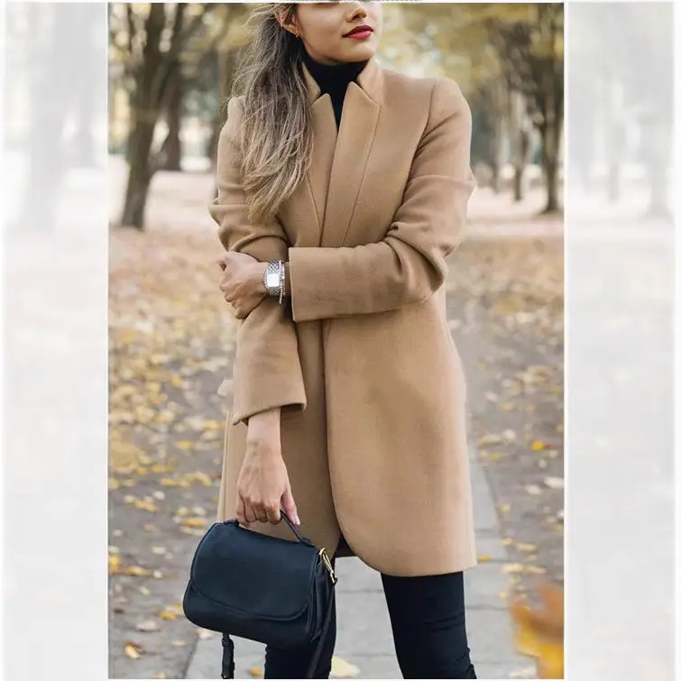 Women Woolen Plain Collar Jacket Grey Winter - Image 12