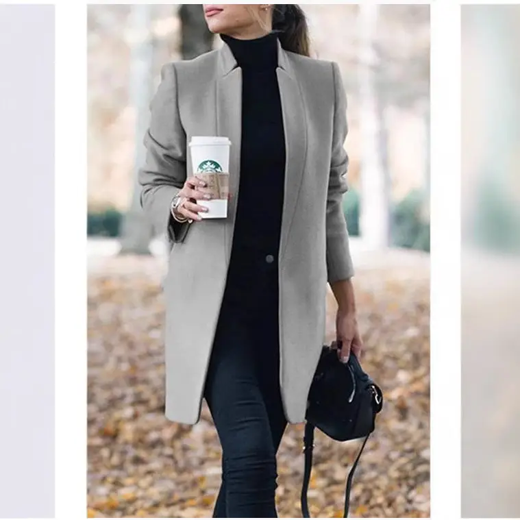 Women Woolen Plain Collar Jacket Grey Winter - Image 13