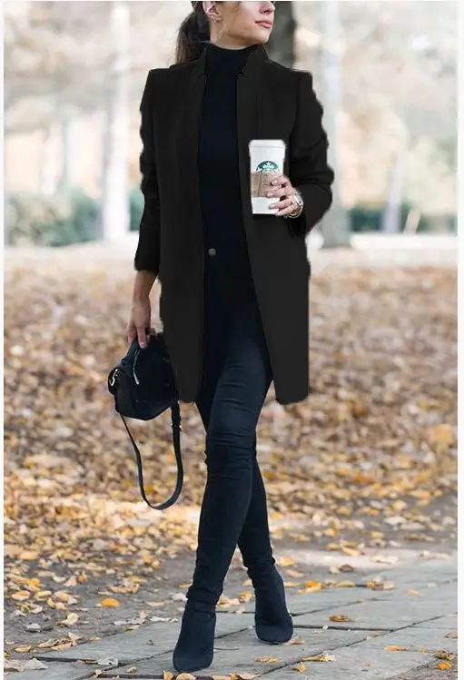 Women Woolen Plain Collar Jacket Grey Winter - Image 3