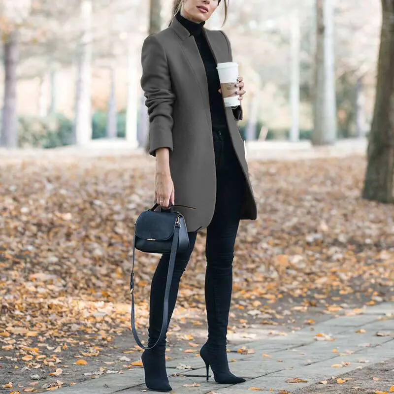 Women Woolen Plain Collar Jacket Grey Winter - Image 6