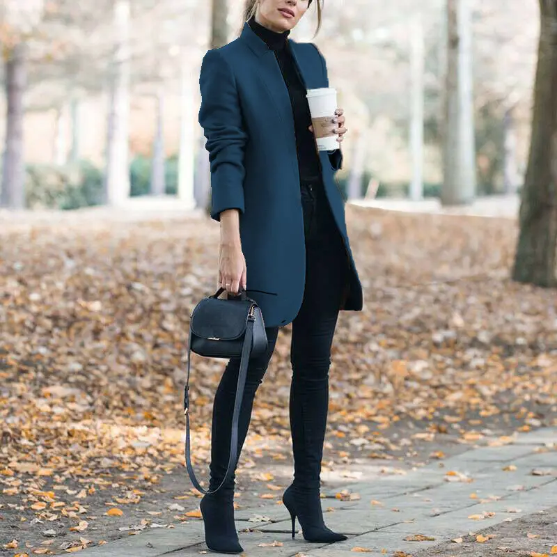 Women Woolen Plain Collar Jacket Grey Winter - Image 9