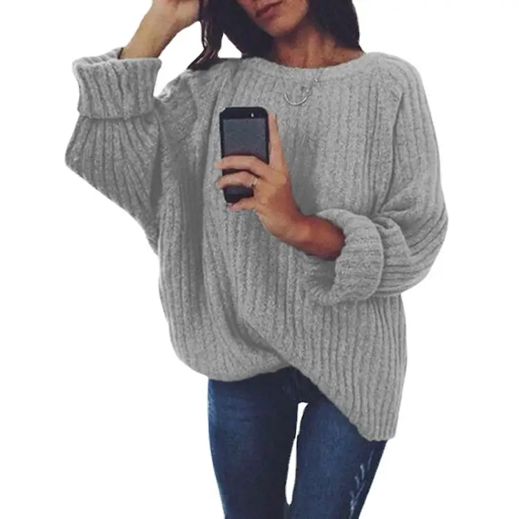 Grey Wool Pullover Sweater Women Large Round Neck Long Sleeve - Image 13