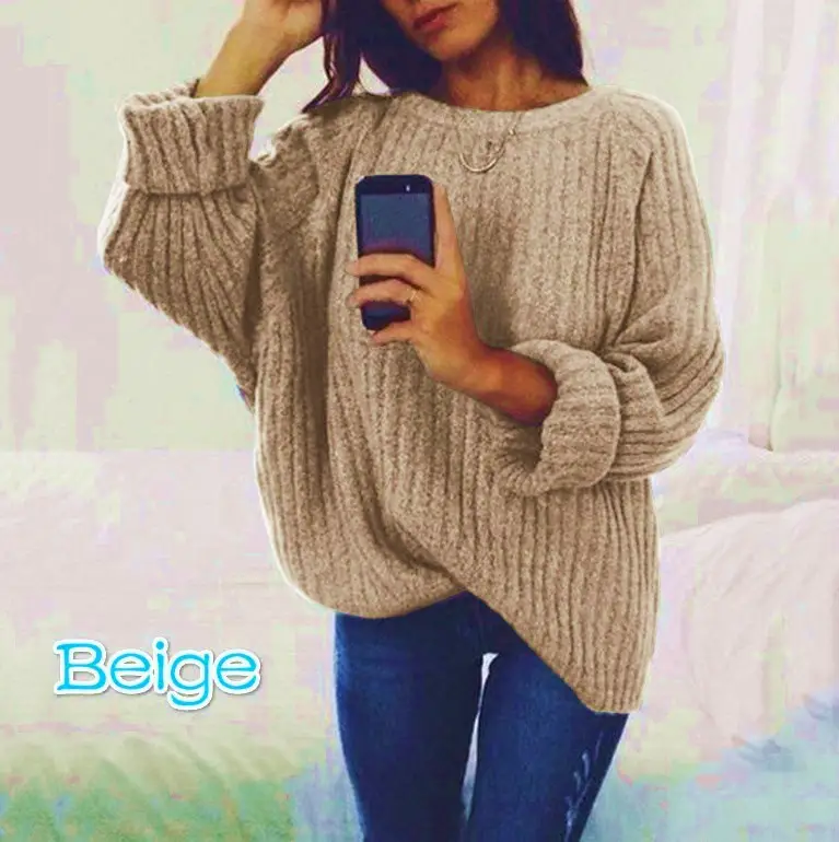 Grey Wool Pullover Sweater Women Large Round Neck Long Sleeve - Image 8
